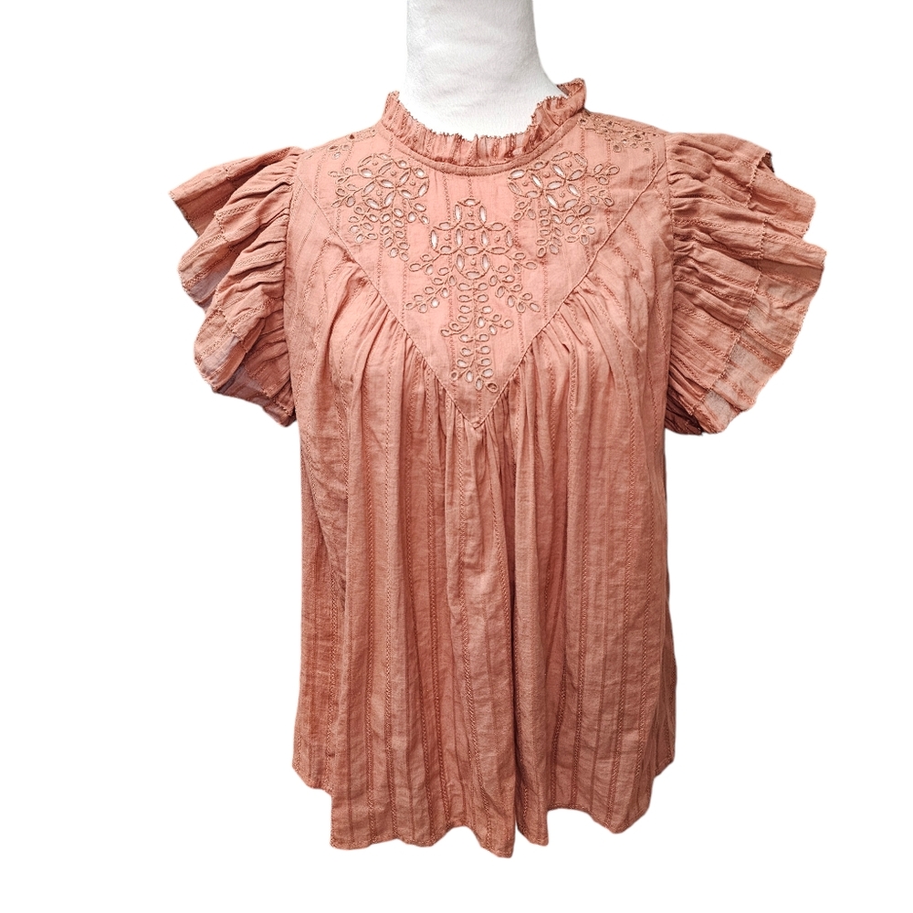 NWT Universal Thread Eyelet Ruffle Short Sleeve Cotton Top Juniors Size Large